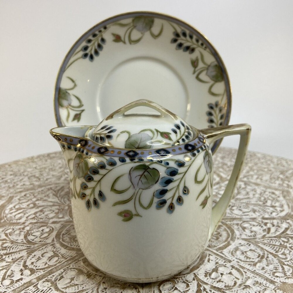 Antique NIPPON Syrup Pitcher and Saucer Hand Painted Morimura Brothers Art Deco